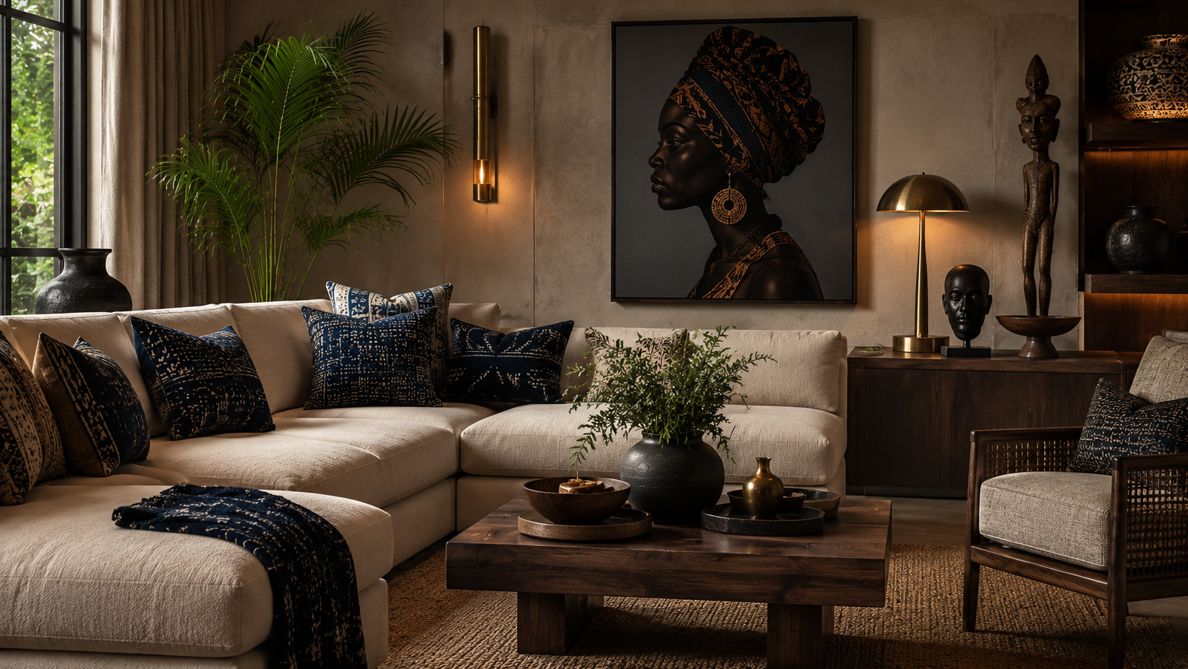 Luxury African boho living room featuring dark walnut, champagne brass lighting and refined indigo textiles